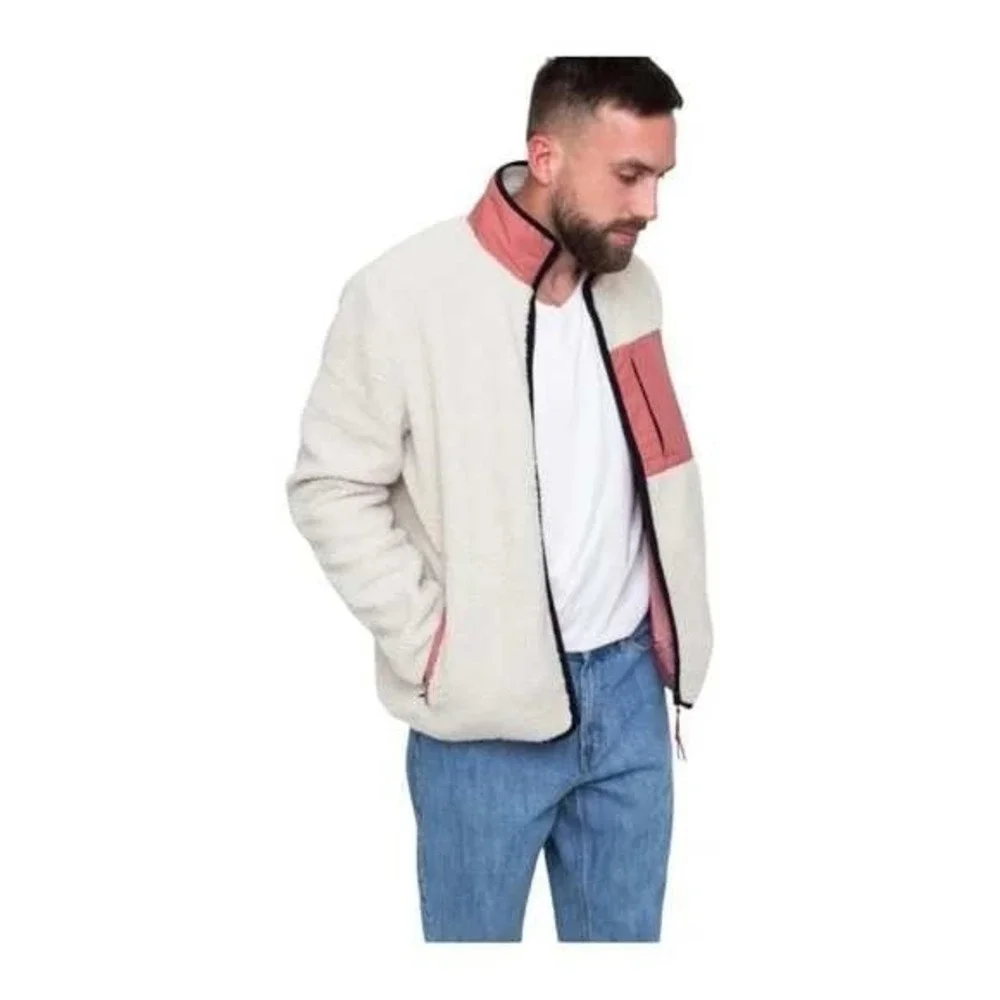 WESC Moritz Teddy Fleece Unisex Jacket Mens XL Ivory Colorblock Zip Up Warm‎